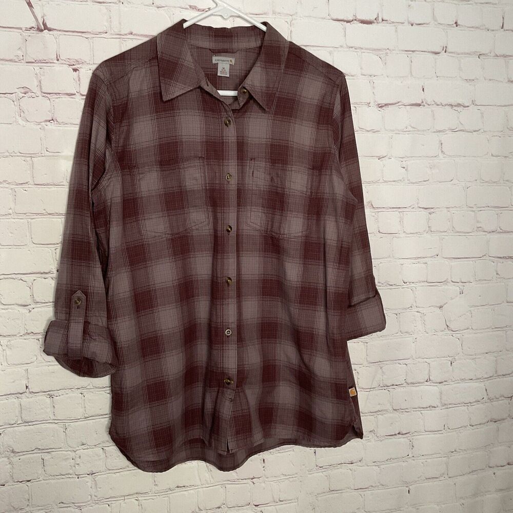 Carhartt Womens Plaid Button Down Shirt Wine Burgundy Cotton Roll Tab Medium